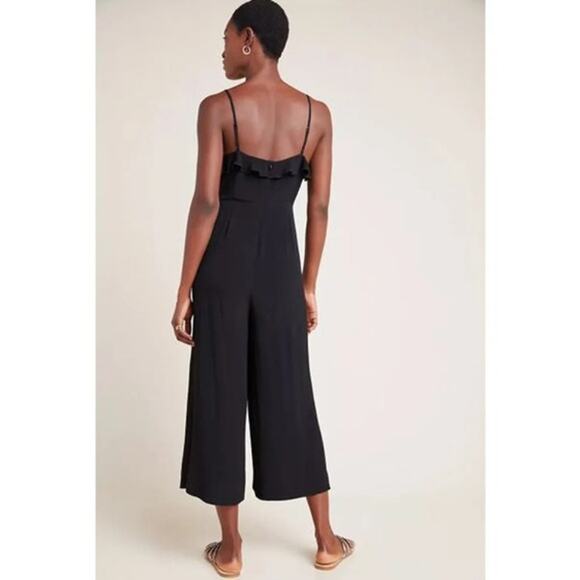 Kachel x Anthropologie Black Ruffled Cropped Wide Leg Jumpsuit Size 6 - Picture 2 of 13